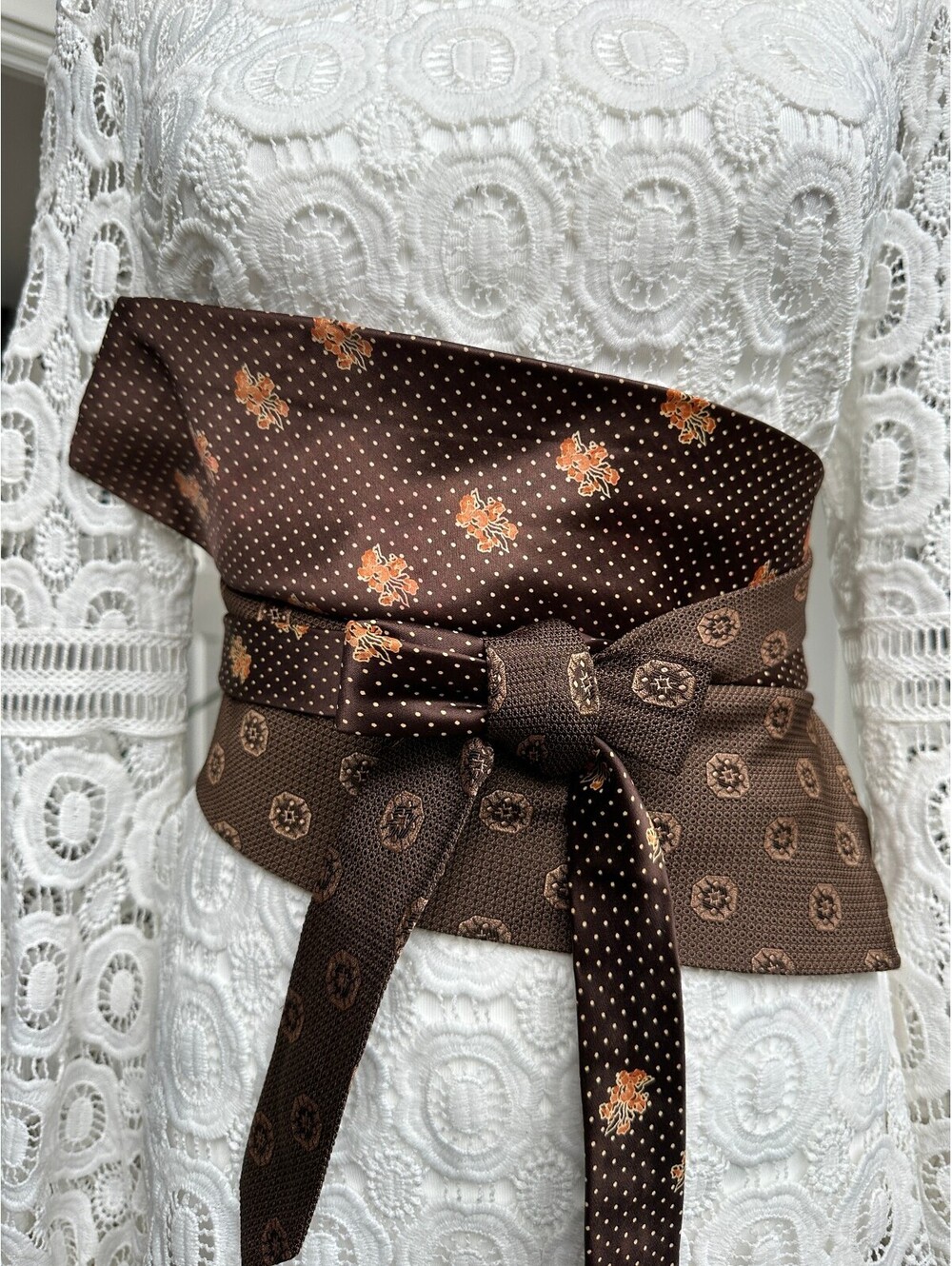 Upcycled Silk Corset Obi Waist Belt | OOAK | OS | Brown Floral with Polka Dots